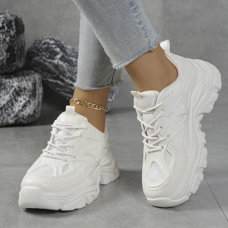 Fashion Solid White Thick Bottom Sneakers Women  Autumn Breathable Mesh Lace Up Sneakers Casual Soft Sole Running Shoes