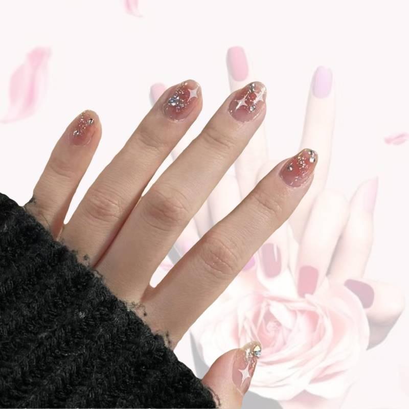 Brightening And Detachable Artificial Nail Stickers For Students Short Medium Long With Rhinestones