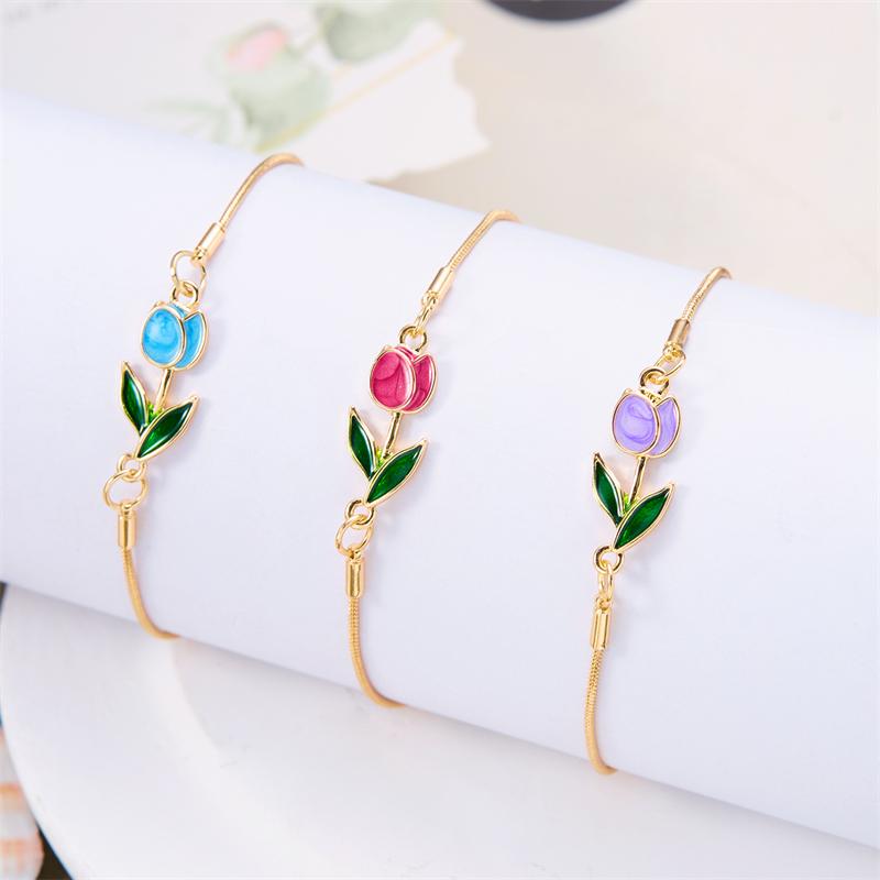 Koreanisches Tulpenblumen-Armband für Damen Leichter Luxus Emaille Kupfer Hummerverschluss Kette Verstellbares Charm-Armband Trendiger Schmuck