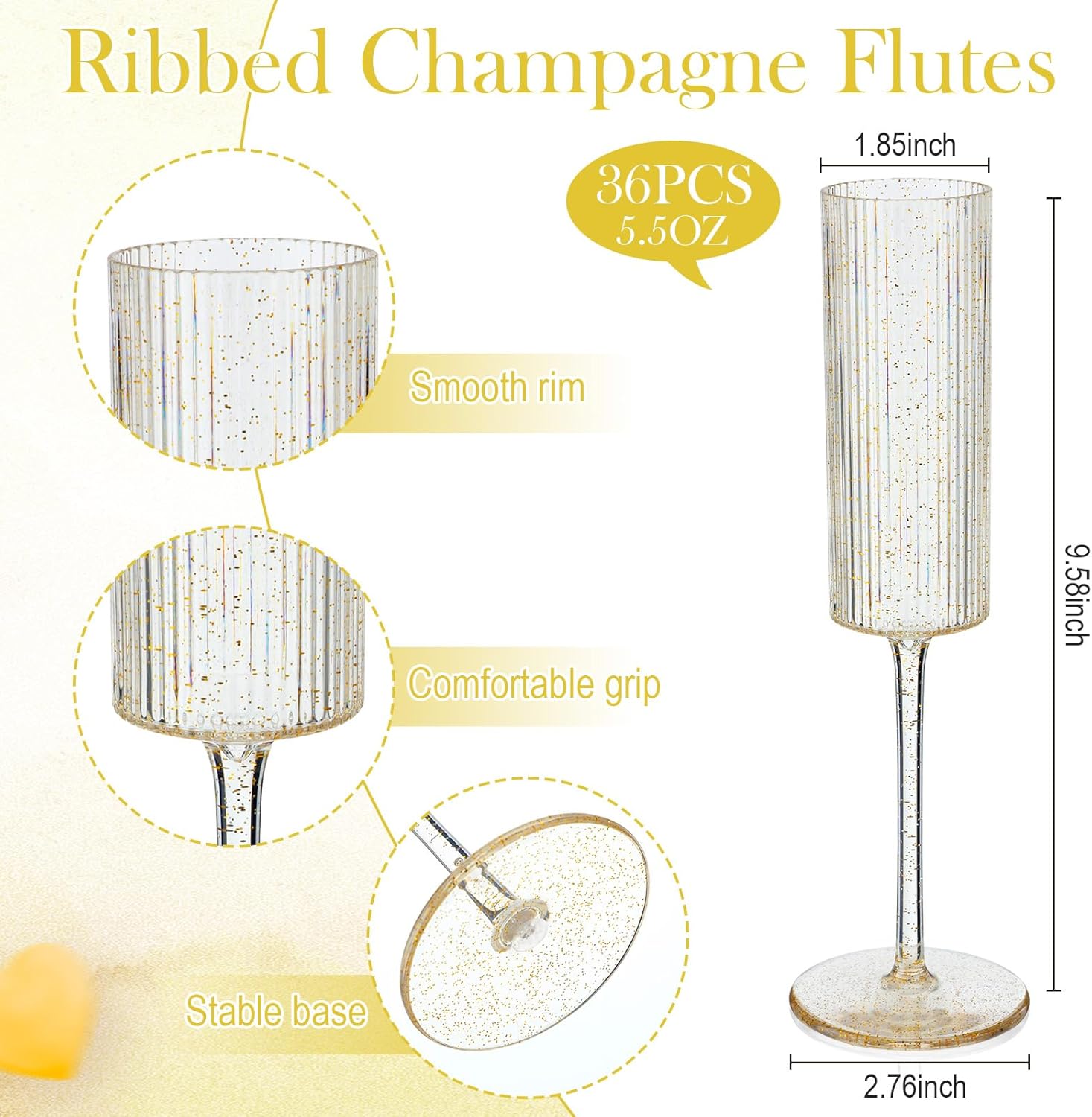 

16-Pack Gold Glitter Clear Acrylic Champagne Flutes, 5.5 oz Reusable Plastic Wedding Party Glasses United States