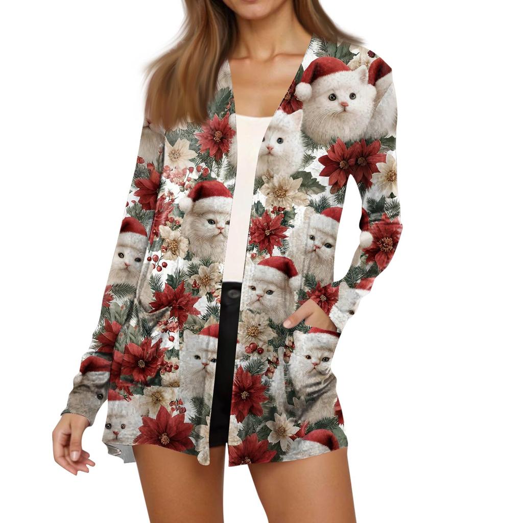Women's Fashion Christmas Print Long-Sleeved Pocketed Slim-Fit Cardigan Coat