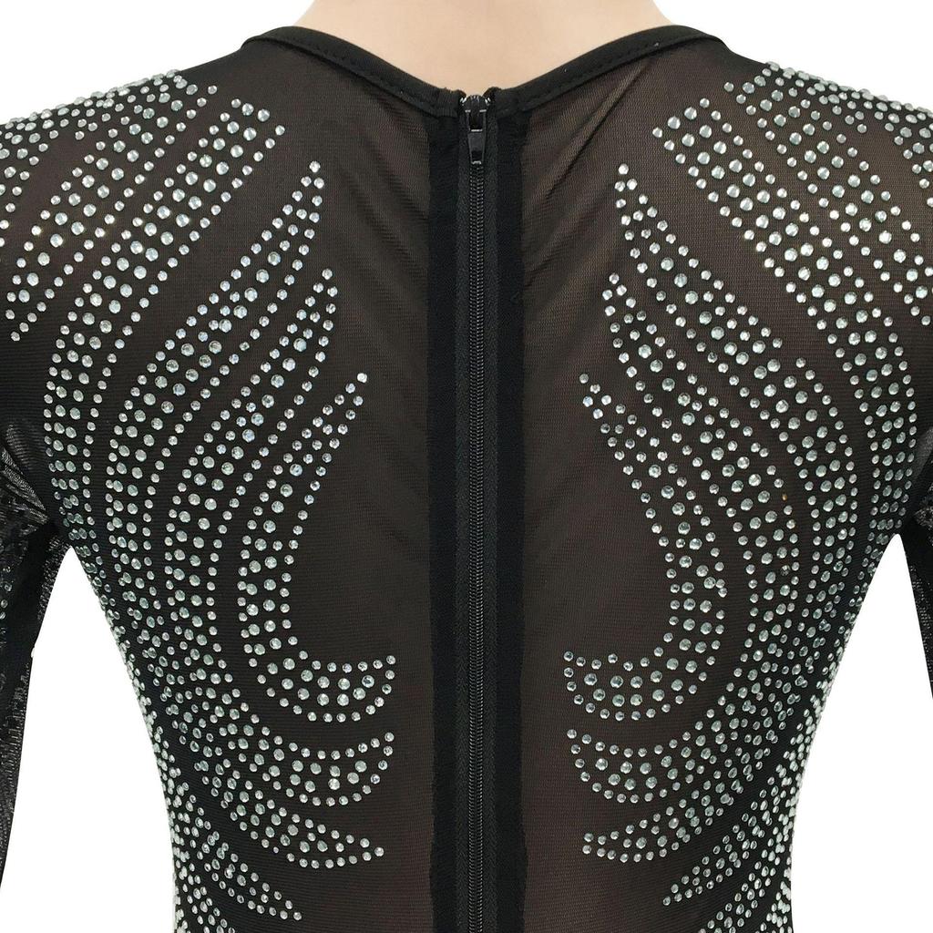 Rhinestone Mesh See-through Long Sleeve Nightclub Dress
