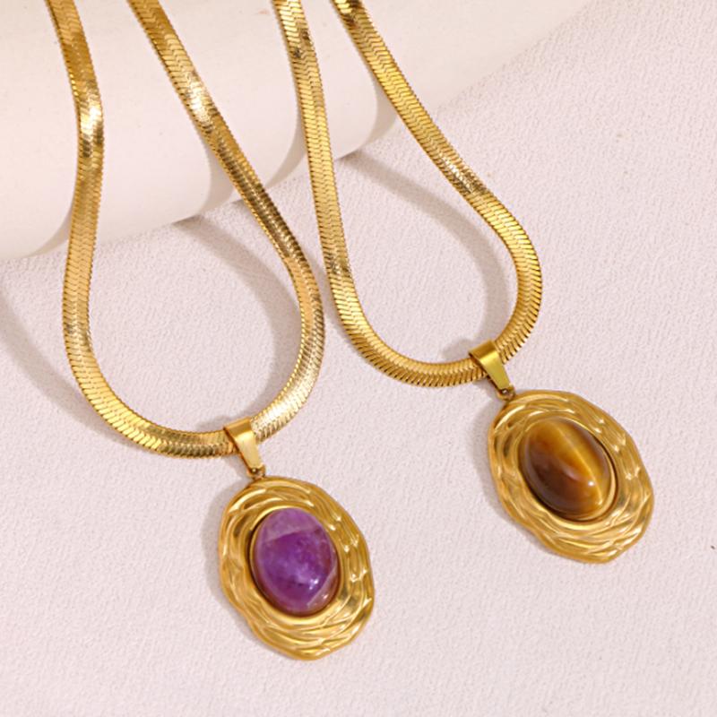 18K Gold Plated Titanium Steel Necklace Women Light Luxury Colorful Oval Stone Pendant Jewelry