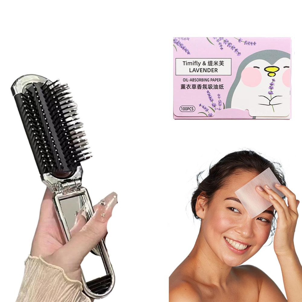 

Складная компактная расческа с зеркалом+бумага для удаления жира с лица - Дорожная карманная массажная расческа