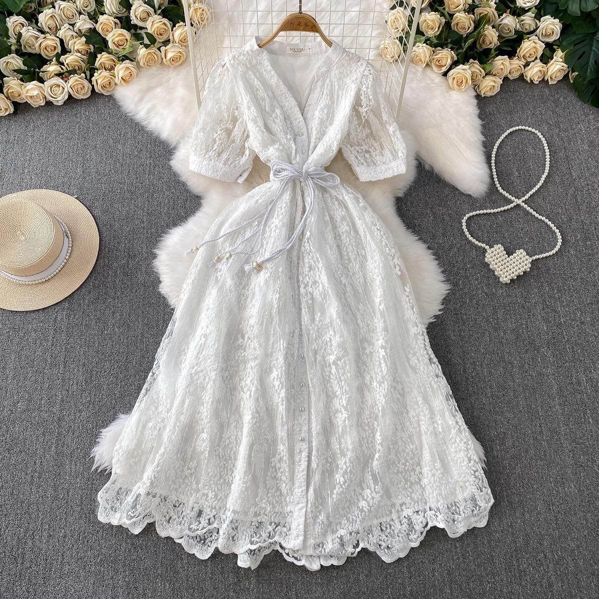 

Элегантное и стильное кружевное платье с V-образным вырезом и короткими рукавами для женщин, летнее платье принцессы, обтягивающее талию и утягивающее фигуру M