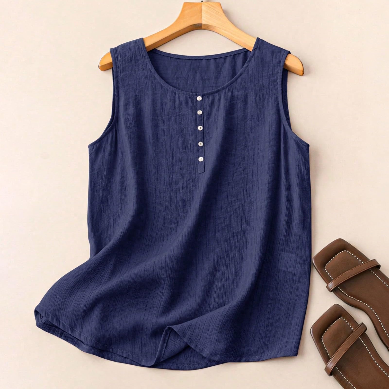 Women Casual  Sleeveless Shirts Loose Cotton Linen Tank Tops S