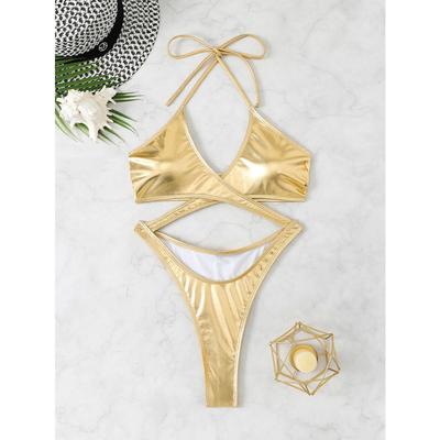 Sexy metallic goud kruis vooraan badpak eendelig uitgesneden bikini's badkleding badpakken strandoutfits bodysuit biquini tankini