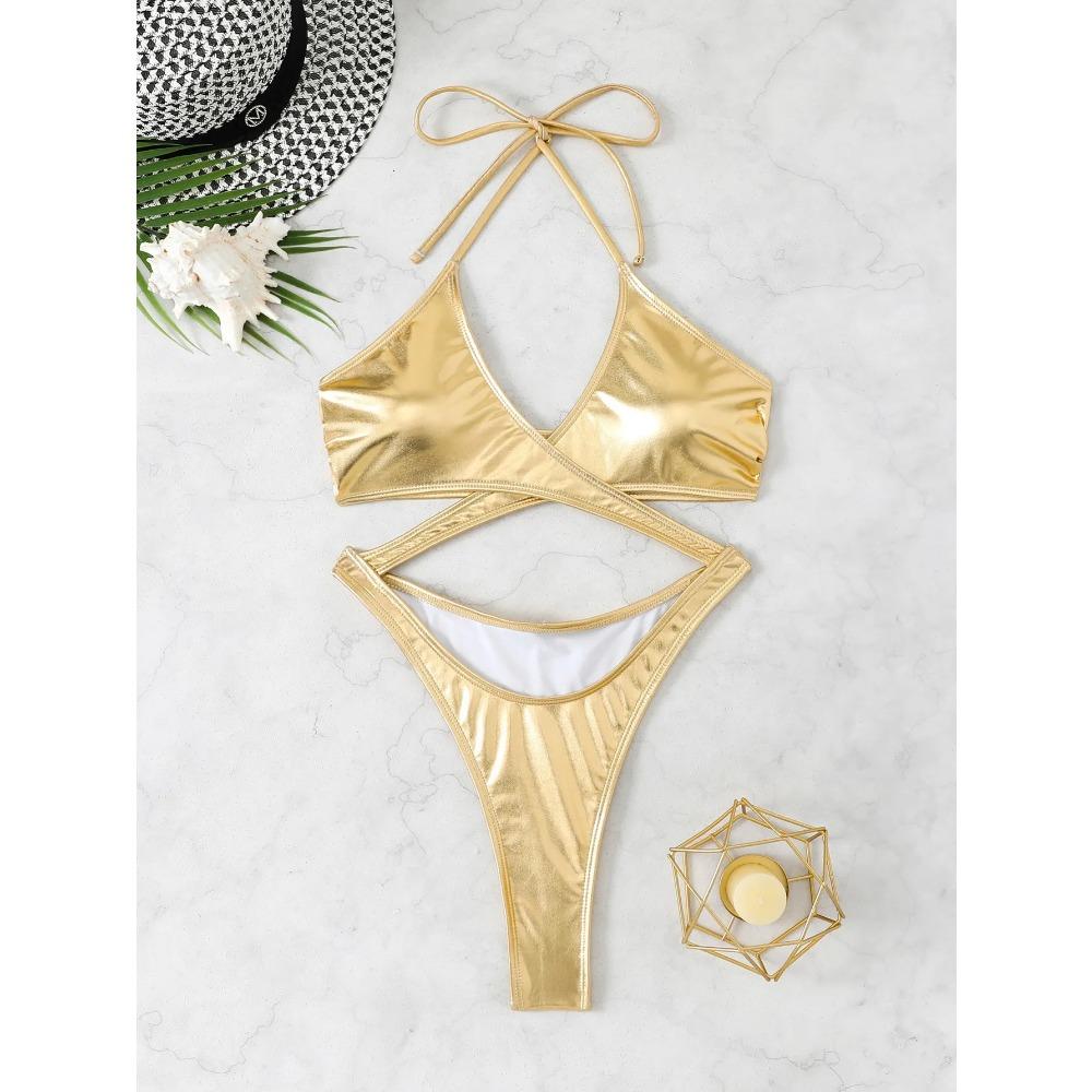 

sexy metallic gold front cross swimsuit one piece hollow out Bikinis Swimwear Swimsuits beach outfits bodysuit biquini tankini XL золотой