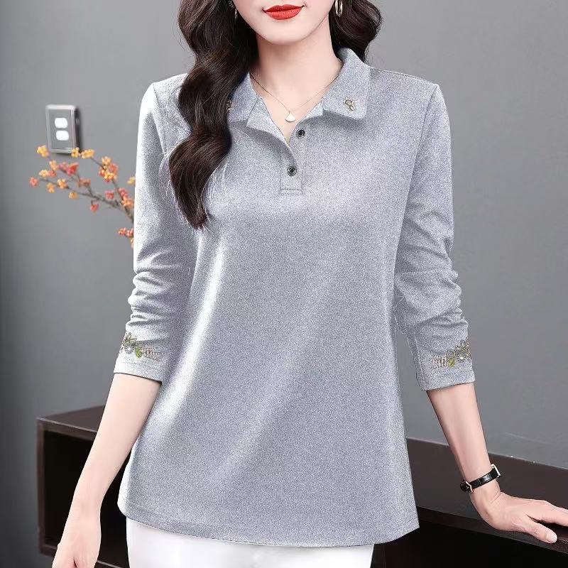 Women's Vintage Embroidery Polo Collar Elegant T-shirts Spring Autumn Korean Fashion Casual Long Sleeve Loose Tops Ropa De Mujer