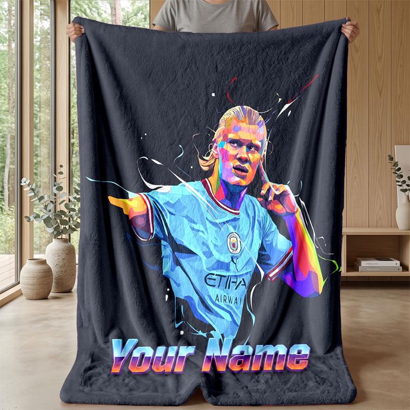 Erling Haaland Custom Name Text Flannel Blanket Soccer Logo Personalized Fleece Throw Blanket Special Gift For Sofa Bedroom Home