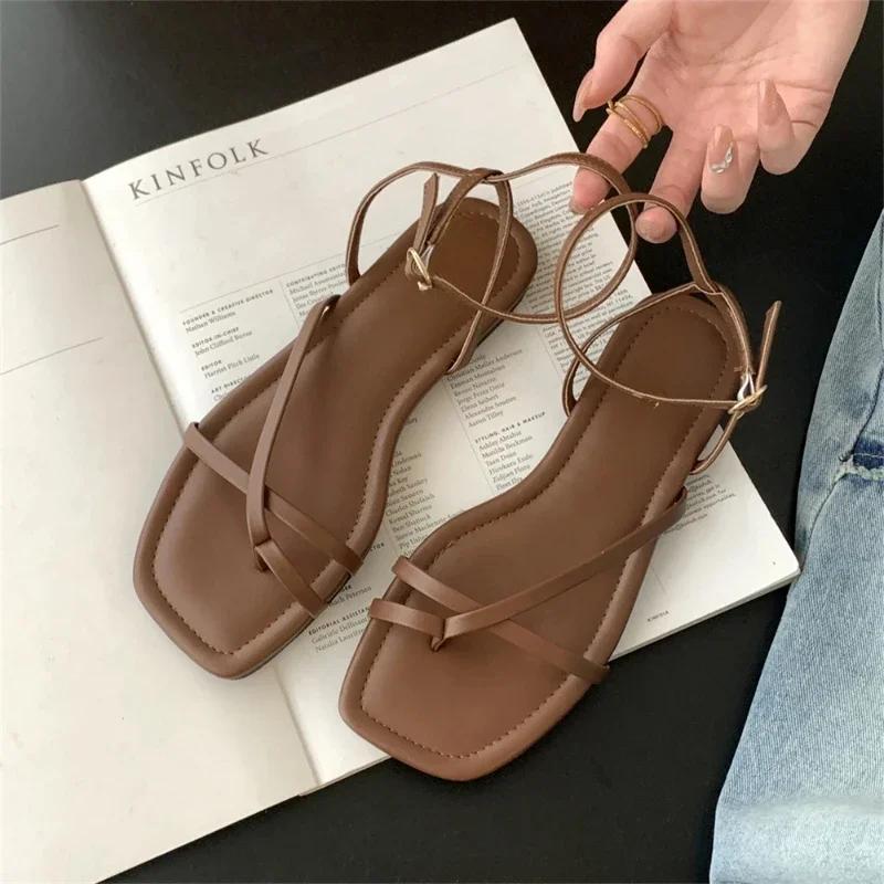 2025 New Women Sandal Fashion Open Toe Narrow Band Ladies Elegant Gladiator Shoes Outdoor Dress Flats Sandalias
