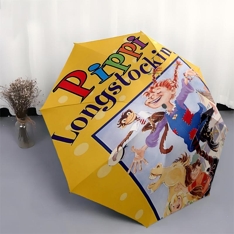 Parapluie de voyage sur le thème de Fifi Brindacier - 8 baleines, ouverture et fermeture automatiques, design pliable portable, parapluie compact et élégant adapté