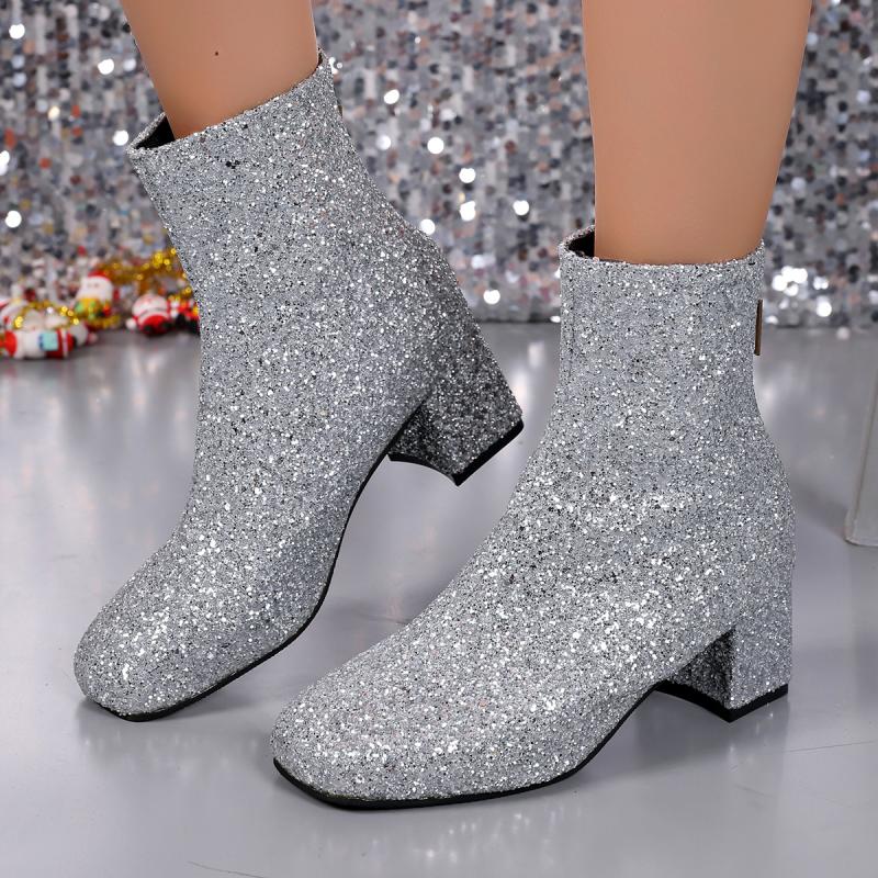 Luxury Sequined Silver Chelsea Boots Women 2025 Autumn Square Toe Rear Zip Ankle Boots Sexy Shiny Gold High Heel Party Booties
