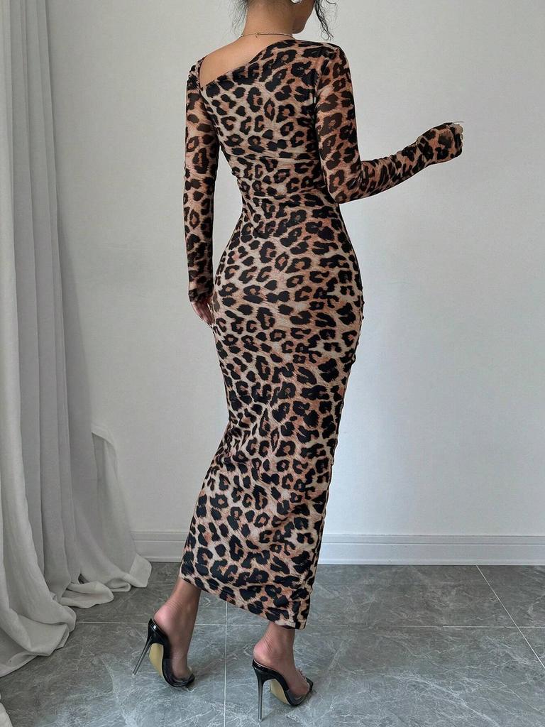 2025 Übergroßes Leopardenmuster Langarm Slim Fit Freizeitkleid