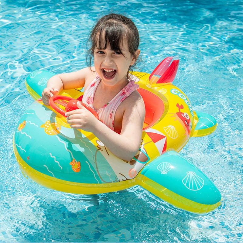 Eco-friendly Pvc Material Cartoon Inflatable Bottom Steering Wheel Boat For Children Swim Seat Ring Infant Toddler Aircraft Boat Float Ring