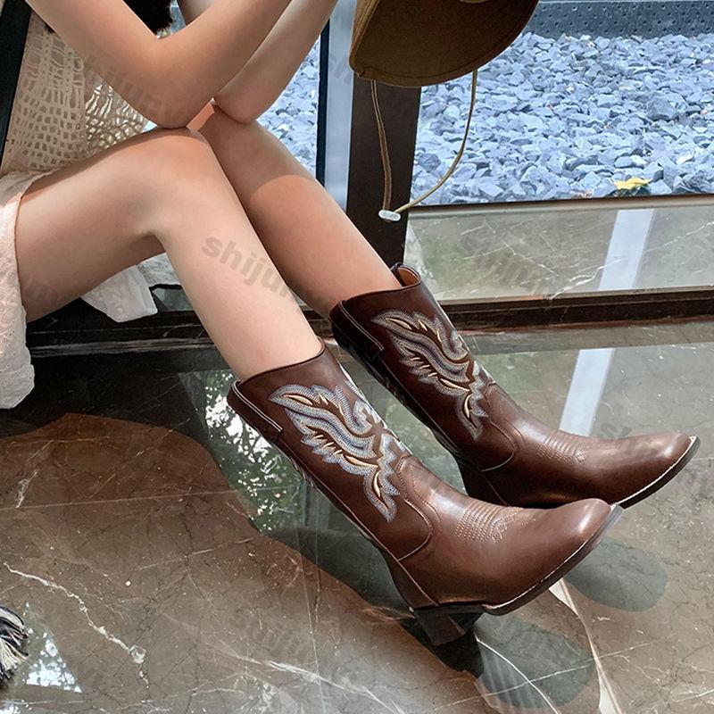 Women Retro Mid Calf Western Cowboy Motorcycle Boots Female Autumn Embroidered Square Toe Chunky Heel Design Brown Boots