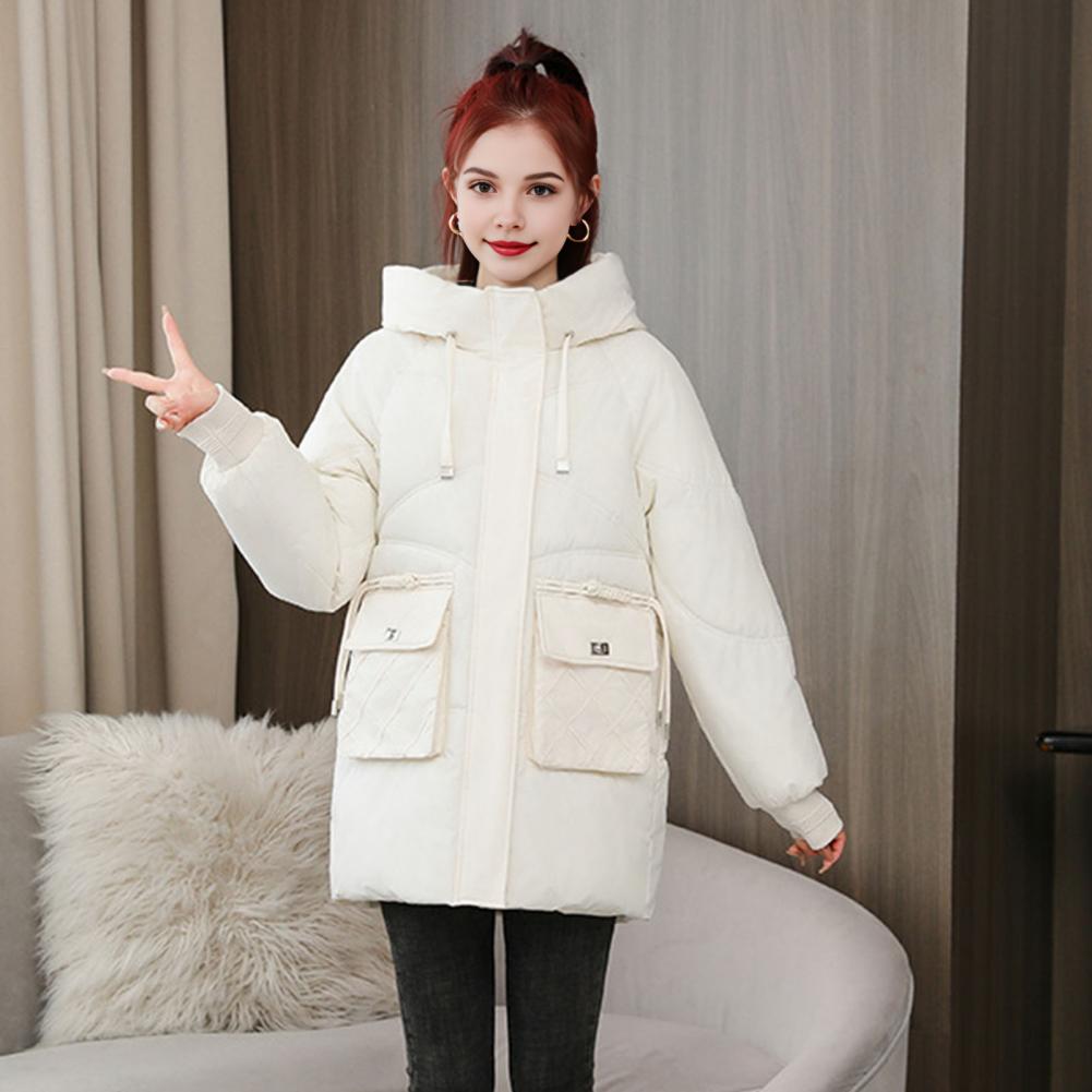 Winter Down Coat Thickened Padded Hooded Pockets Zipper Closure Drawstring Mid Length Windproof Heat Retention Daily Cold Weathe