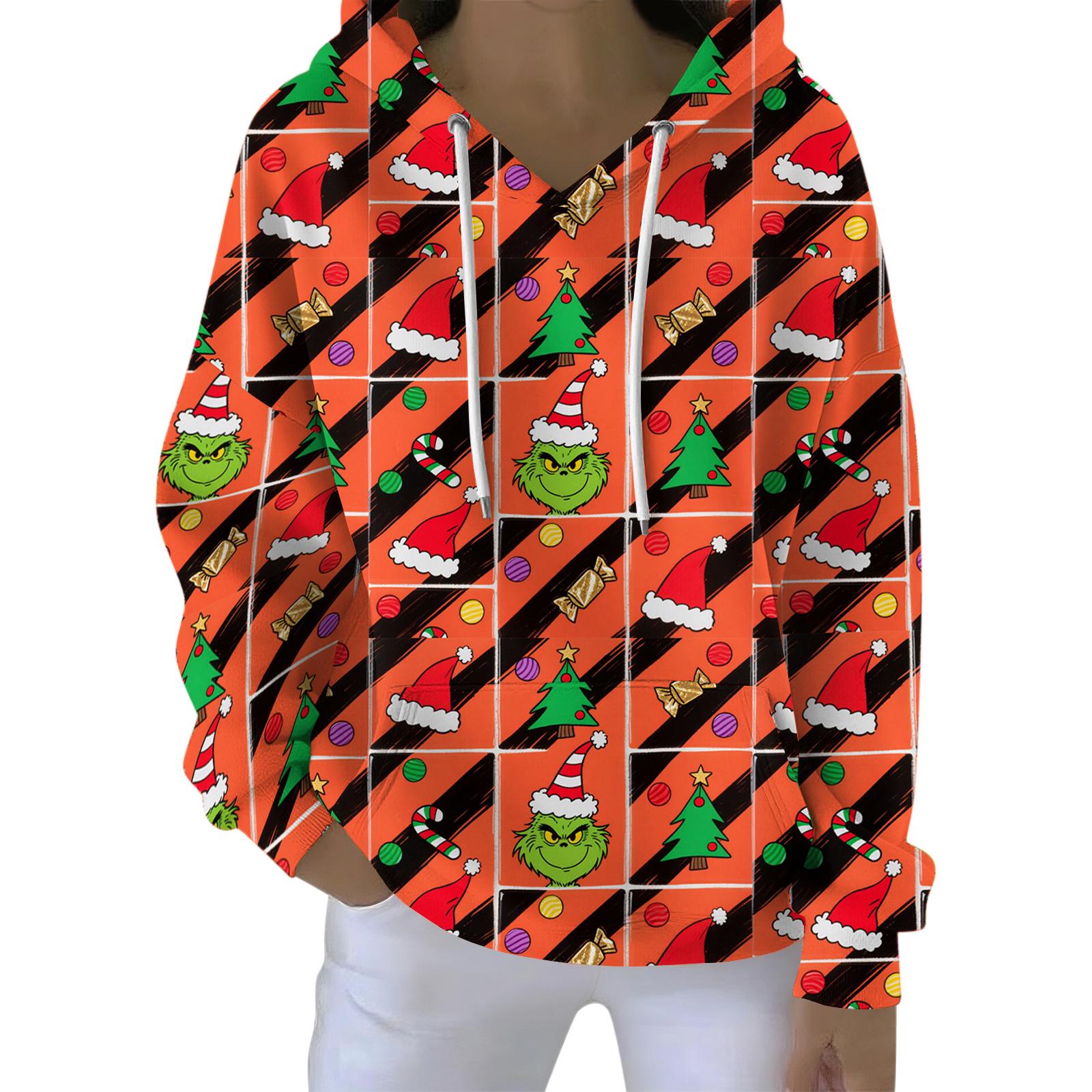 

Женский свободный и удобный свитшот с V-образным вырезом на кулиске, с длинными рукавами и рождественским принтом XL шафрановый