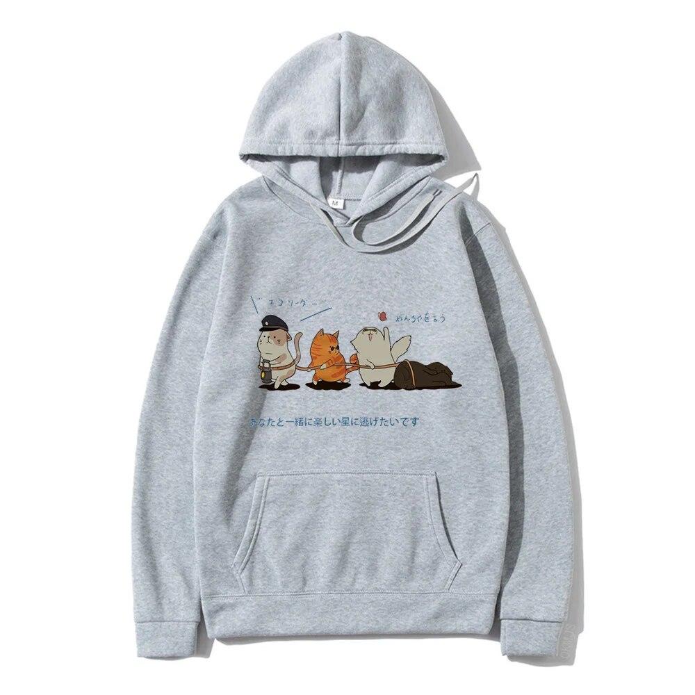 Men Hip Hop Unisex's Hoodies Streetwear Japanese Kanji Harajuku Funny Cat Unisex Hoodies Sweatshirts Autumn Winter Oversized Clothing