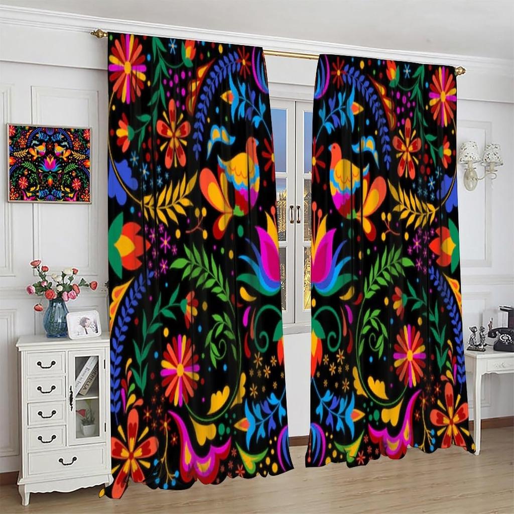 Mexican Folk Art Curtains Colorful Bird Flower Print for Living Room Boho Window Decor