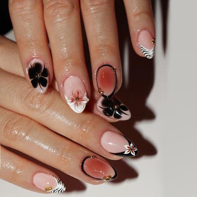 24 Stück Leopardendruck French Aufklebenägel mit Kleber 3D-Blumen Einfache Rote Blush-Muster Falsche Nägel für Frauen Mandel-Falschnägel