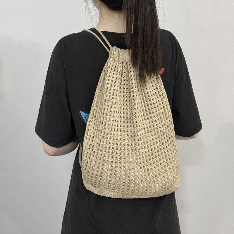 New simple woven mesh pocket drawstring backpack ins wind knitted tote bag cross-border small fresh