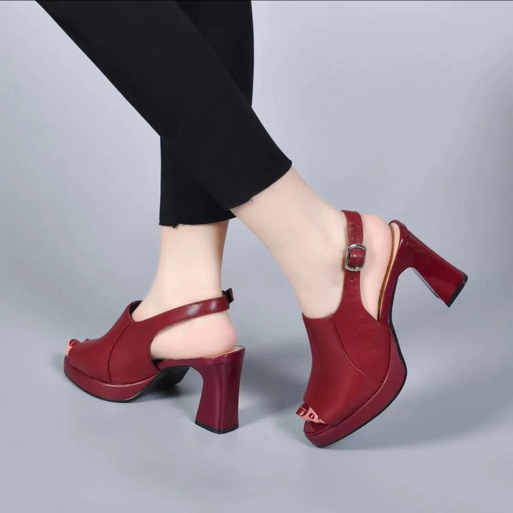 High-heeled sandals women's shoes 2025 summer new European and American style fish mouth waterproof table thick-heeled women's sandals cowhide fashio