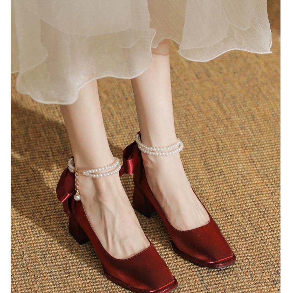 2025 New French-Style Women's Wedding Shoes - Bowknot Fairy Bridesmaid Shoes, Two-Way Wear Block Heel, Comfortable Non-Tiring Feet, StyleXCY34-888-200