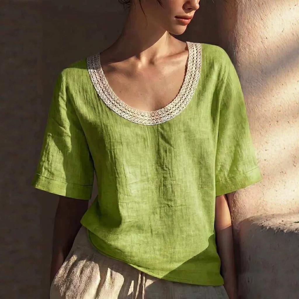 Women Vintage Short Sleeve Linen Cotton Blouse U Neck Lace Trim Casual Loose Fit Summer Top