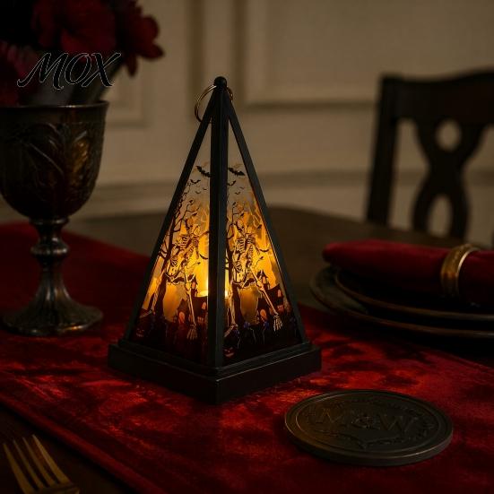 Vintage Style Table Lamp Halloween Lantern LED Candle, Spooky Pumpkin Witch Tabletop Decor with Decorative Holiday Lighting Metal Hanger, Electronic