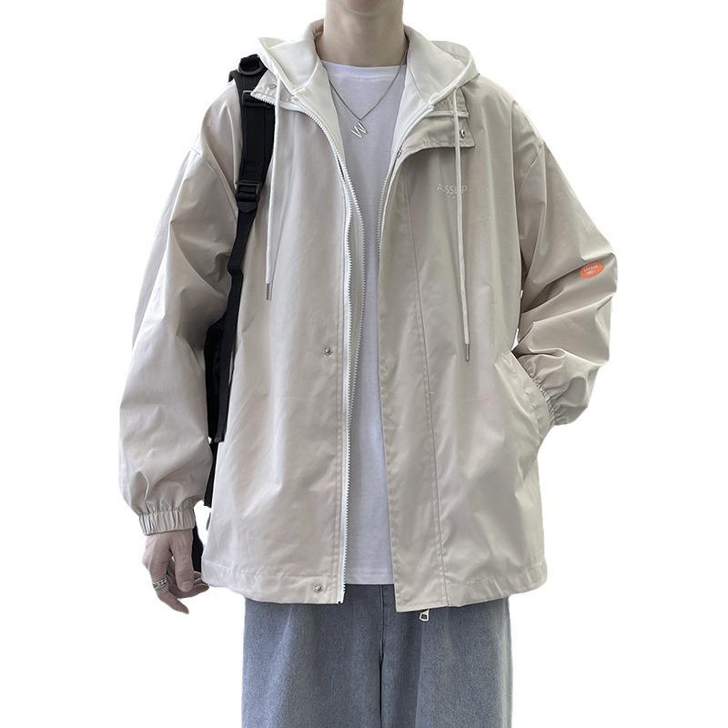 Men's Plus Size Hooded Windbreaker: Trendy Two-Piece American Style Jacket, Loose Waterproof Workwear for Spring/Autumn.