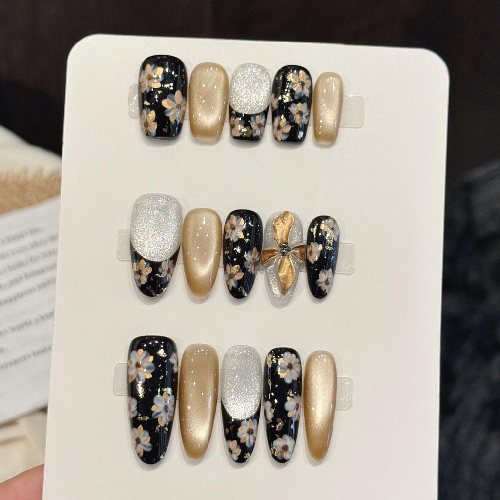 Medium Length Press On Nails Almond Fake Nails Glitter False Nails Full Cover Glue On Nails Reusable Sparkly Artificial Stick On Nails for Women
