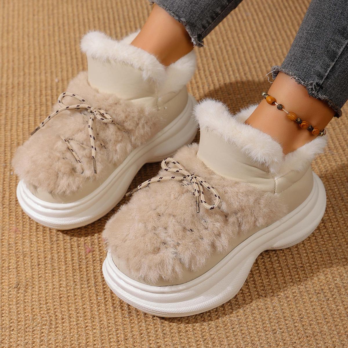 

Женские ботинки на шнуровке из искусственного меха широкой полноты - Зимняя мода, Нескользящая снеговая обувь, Уютные повседневные ботильоны на осень 36 бежевый