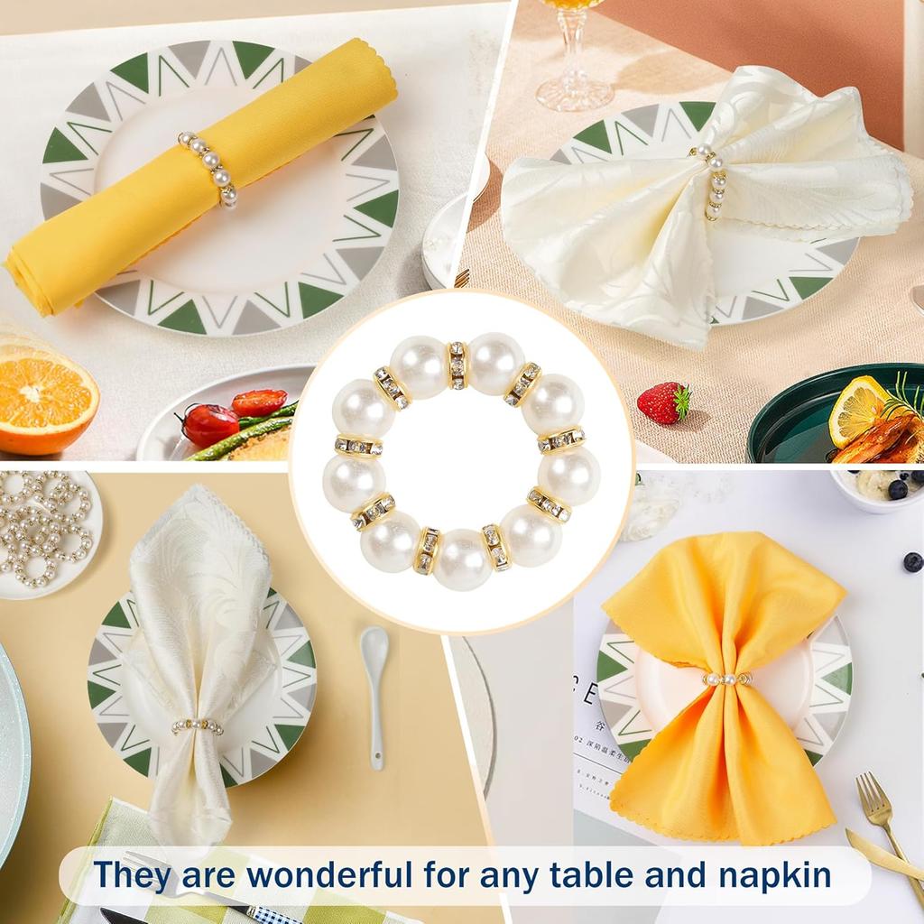 Gold Napkin Rings 20Pcs, Imitation Pearl Napkin Rings Napkin Holder, Elegant Rhinestone Gold Beaded Serviette Buckles for Weddings, Party Supplies &