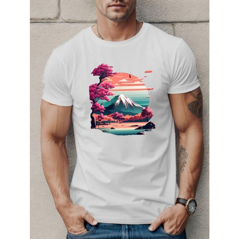 Europäische Größe Berglandschaft Druck T-Shirt, T-Shirts Für Männer, Lässiges Kurzarm-T-Shirt Für Den Sommer