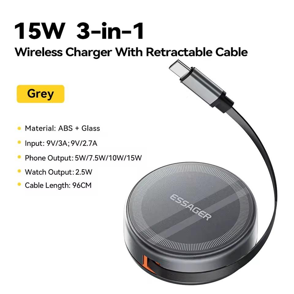

Essager 15W 3 in 1 Magnetic Wireless Charger With 96cm Retractable Type-C Cable For iPhone 16 15 14 13 Pro Max Airpods Watches 15W 3 in 1 Charger серый