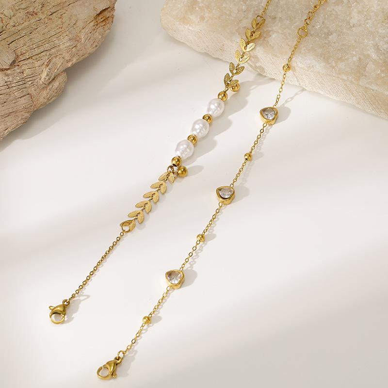 Niche Gentle Women Titanium Steel Bracelet Retro Pastoral Style Wheat Ears Leaves Imitation Pearl Love Zircon Versatile Bracelet