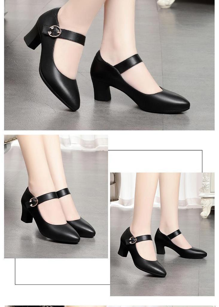 Women's Soft Sole Chunky Heel, Round Toe Leather Shoes - Spring/Autumn 2026, Single Buckle, Medium Heel