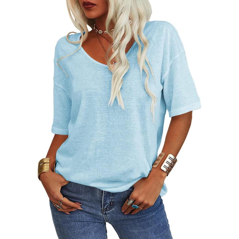 T-shirt da donna a V, manica corta, vestibilità larga, tinta unita, basic, casual, misto cotone