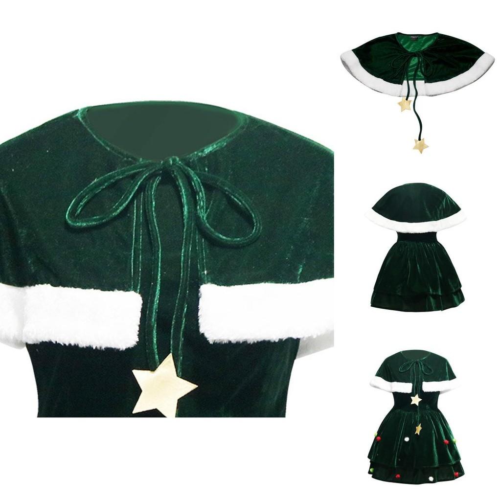 Classic Women Christmas Tree Costume Velvet Dress Cloak Hat Party Props Plus Size