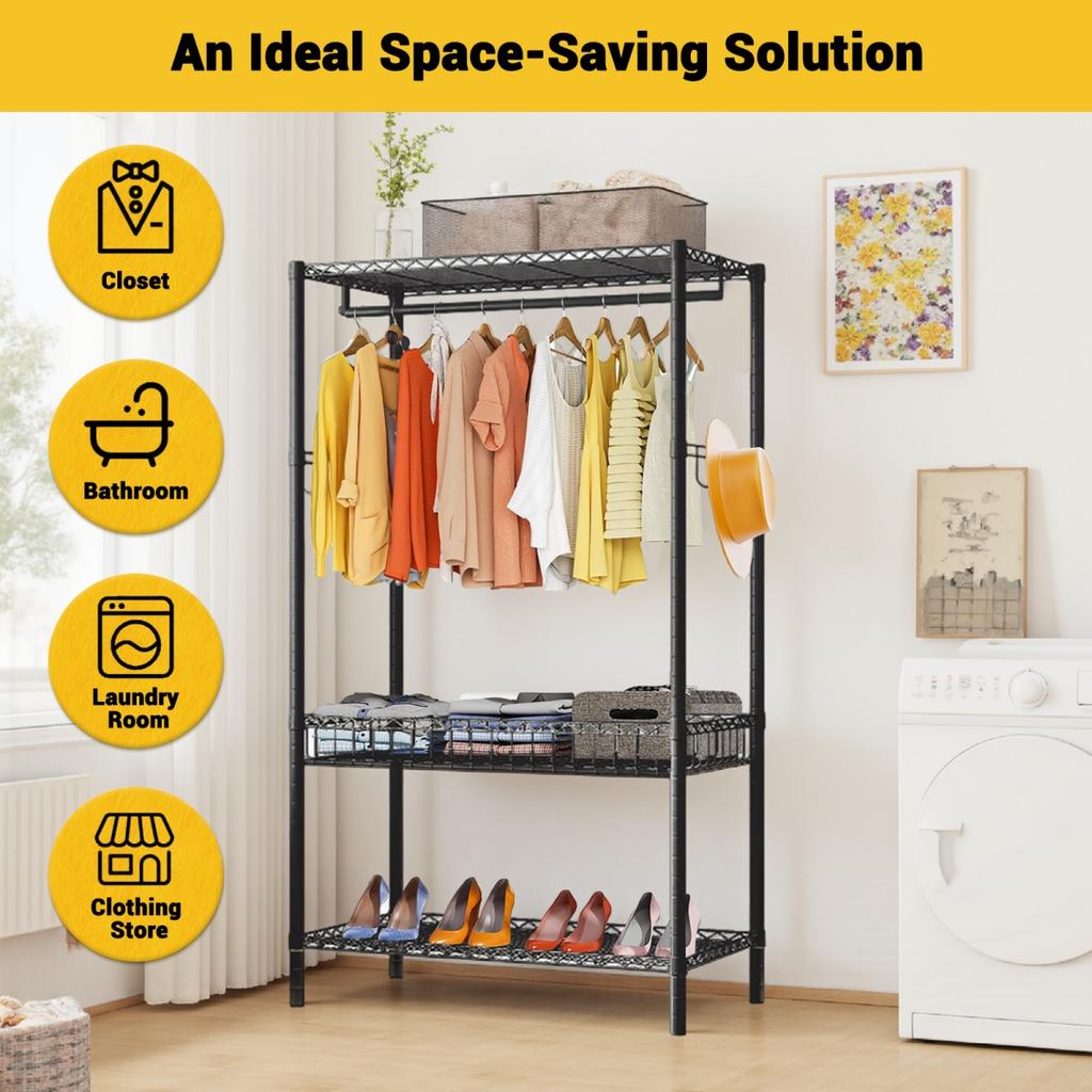 Metal Garment Rack Clothes Rack For Hanging Clothes Adjustable Wire Clothing Rack With Storage Shelves And Hang Rod