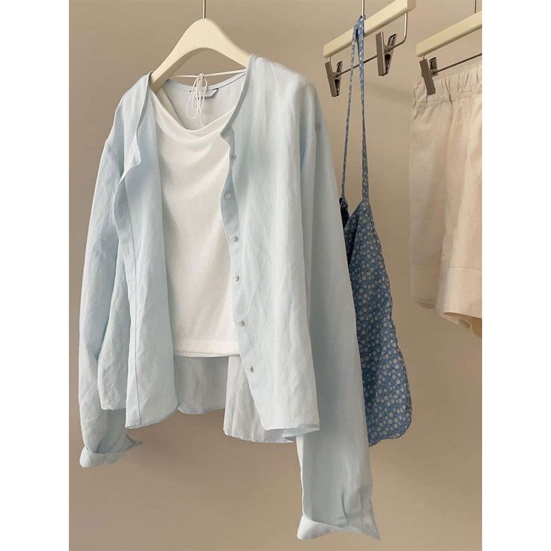 

Не рекомендую! Супер Лайк Светло-голубой ~ Лен Маленький Простой, Свободный и Универсальный Солнцезащитная Рубашка Короткое Пальто Light blue Tops S