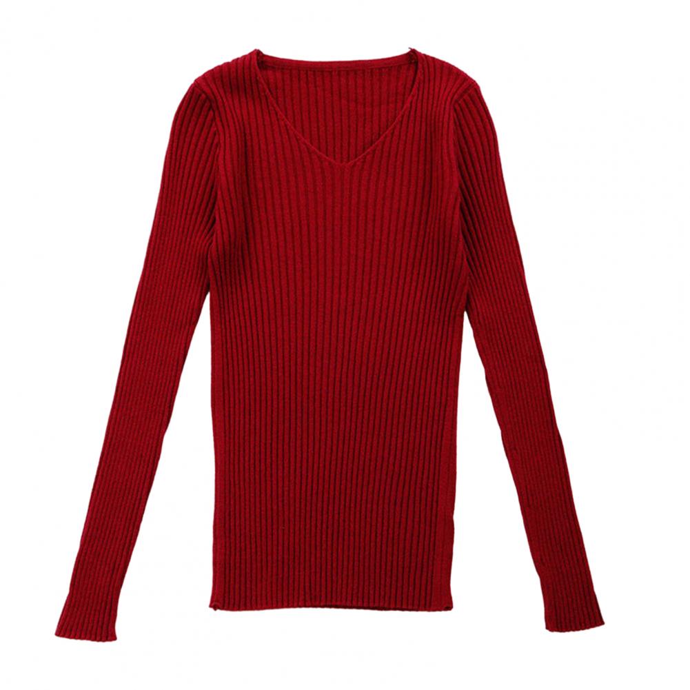 

Ladies Tops V-neck Long Sleeve Slim Fit Pullover Sweater Single Color Ribbed Bottom Sweater Elastic Knitwear High Quality Practical Daily Use One Size вино красного