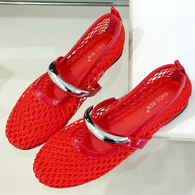 Fashion Mesh Round Toe Women Sandals Fashion Metal Decoration Breathable Hollow Flat Shoes Casual Comfort Shallow Non-slip Designer Shoe