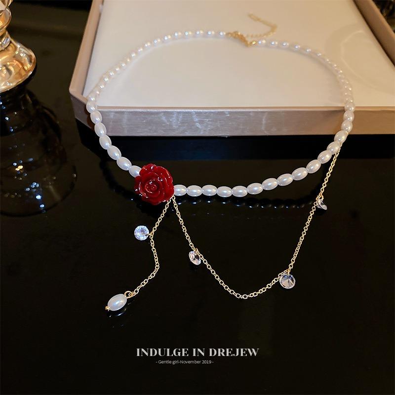 Rose Zircon Pearl Necklace Women's Collarbone Chain Retro Niche Design High-end Neck Chain Temperament Accessories