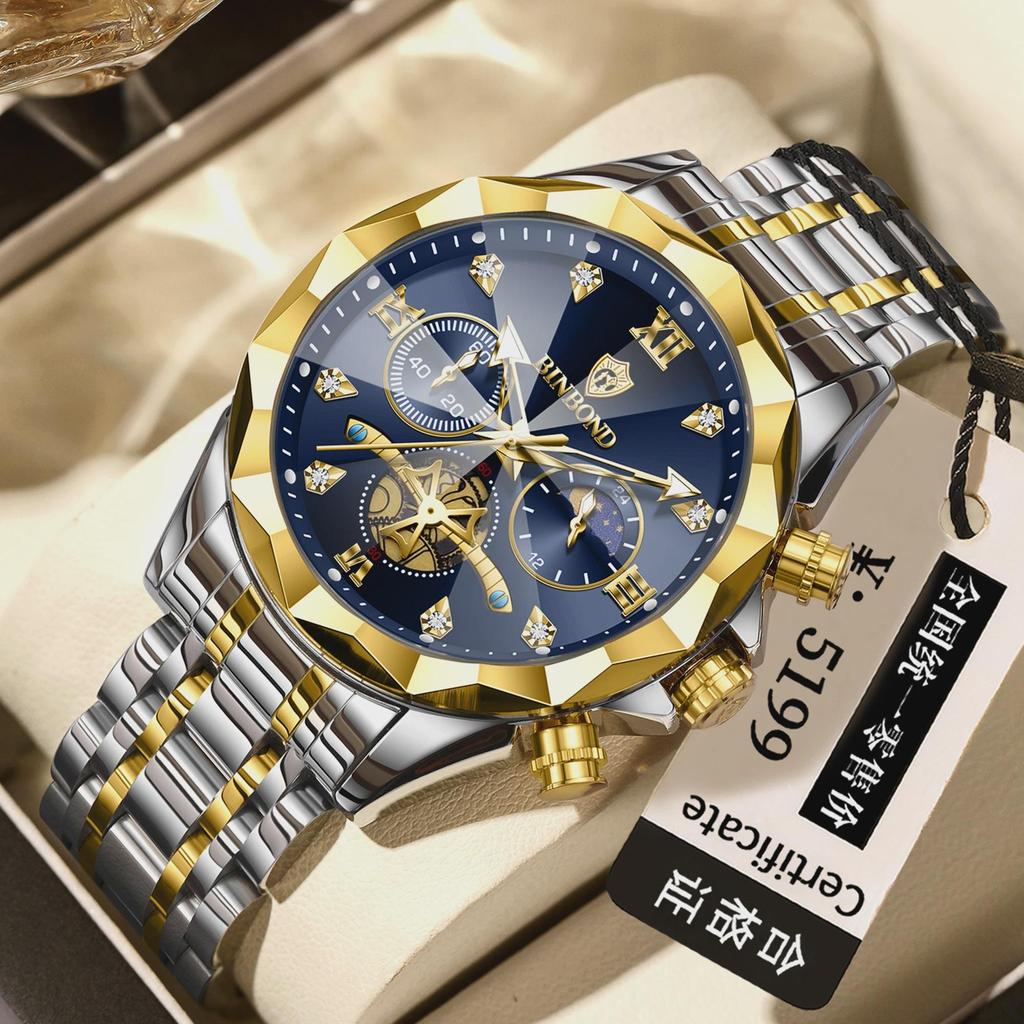 BINBOND Luxury Men Watch Top Original Waterproof Luminous Chronograph Man Wristwatch Stainless Steel Quartz Watches