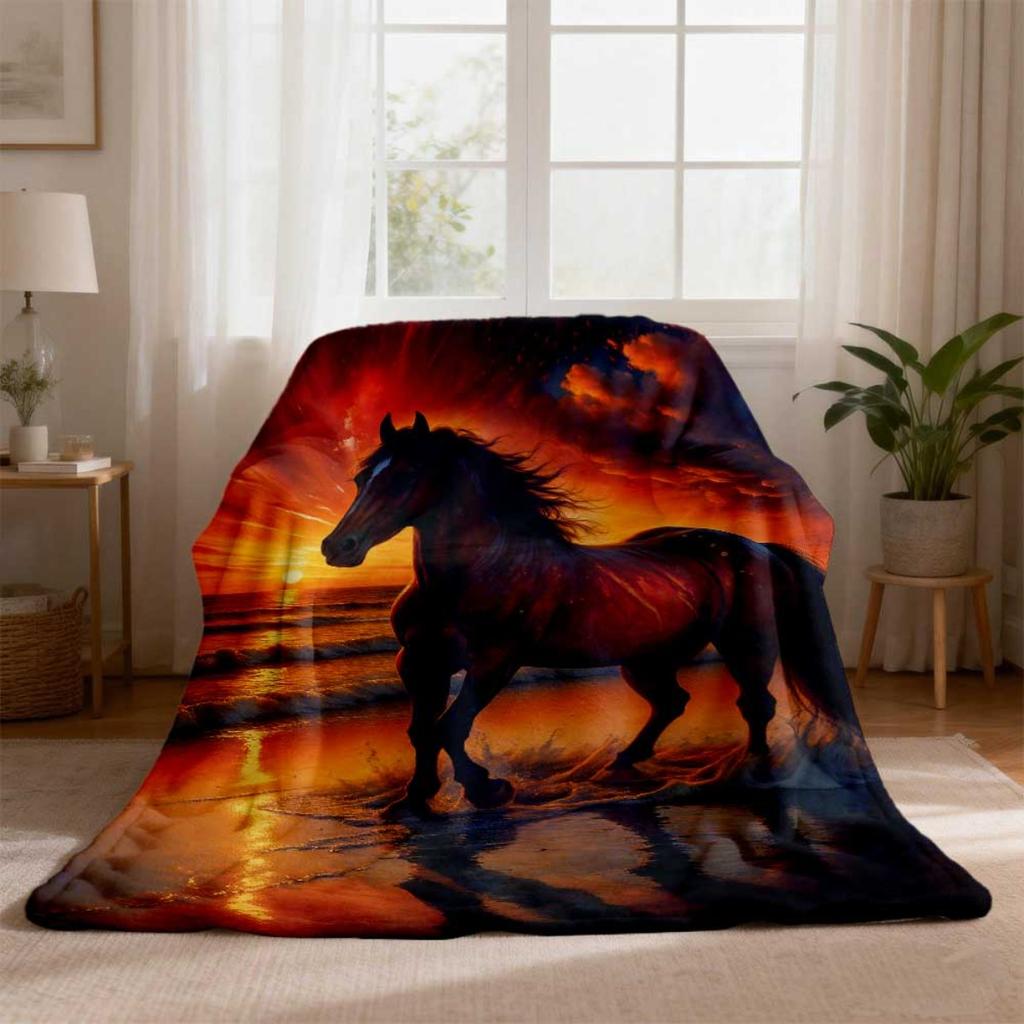 Brown Horse Seaside Sunset Wave Reflection Print Flannel Throw Blanket, Soft Warm Sofa Cover, Horse Lover Bedroom Rest Gift