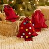 Reusable Fabric Gift Wraps Christmas Tree Shaped Bag, Drawstring Treat Goody Bags with Pompoms Decorative Xmas Accessories Bells, Winter Present
