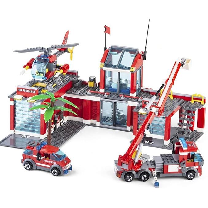 QLT QIAOLETONG City Fire Station Building Kit, 774 Pcs Building Set Including Fire Station, Fire Truck, Fire Helicopter,Fire Fighter, City Building City Fire Station