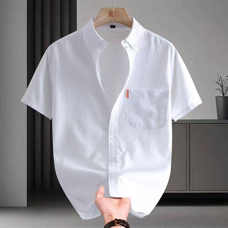 Plus Size 5XL Men's Dress Shirt Short Sleeve Summer Cotton Oxford Casual Solid Color Turn Down Collar Regular Fit Daily Top